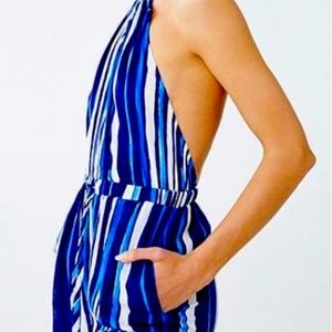 Forever 21 Blue Stripe Halter Jumpsuit